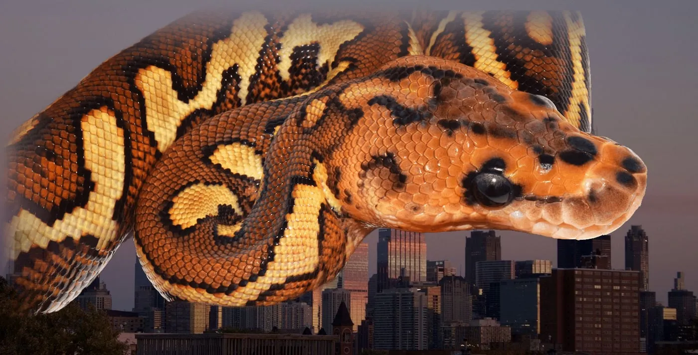 Clown ball python in full coil over the Chicago skyline at sunset